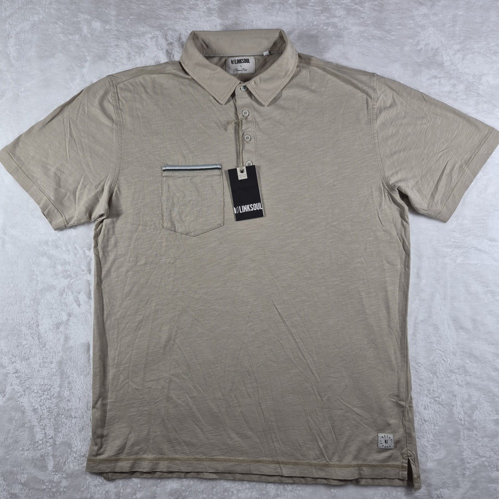 LinkSoul Tempus Fugit Polo Shirt Men's Large Beige Pocket Golf 100% Cotton NWT